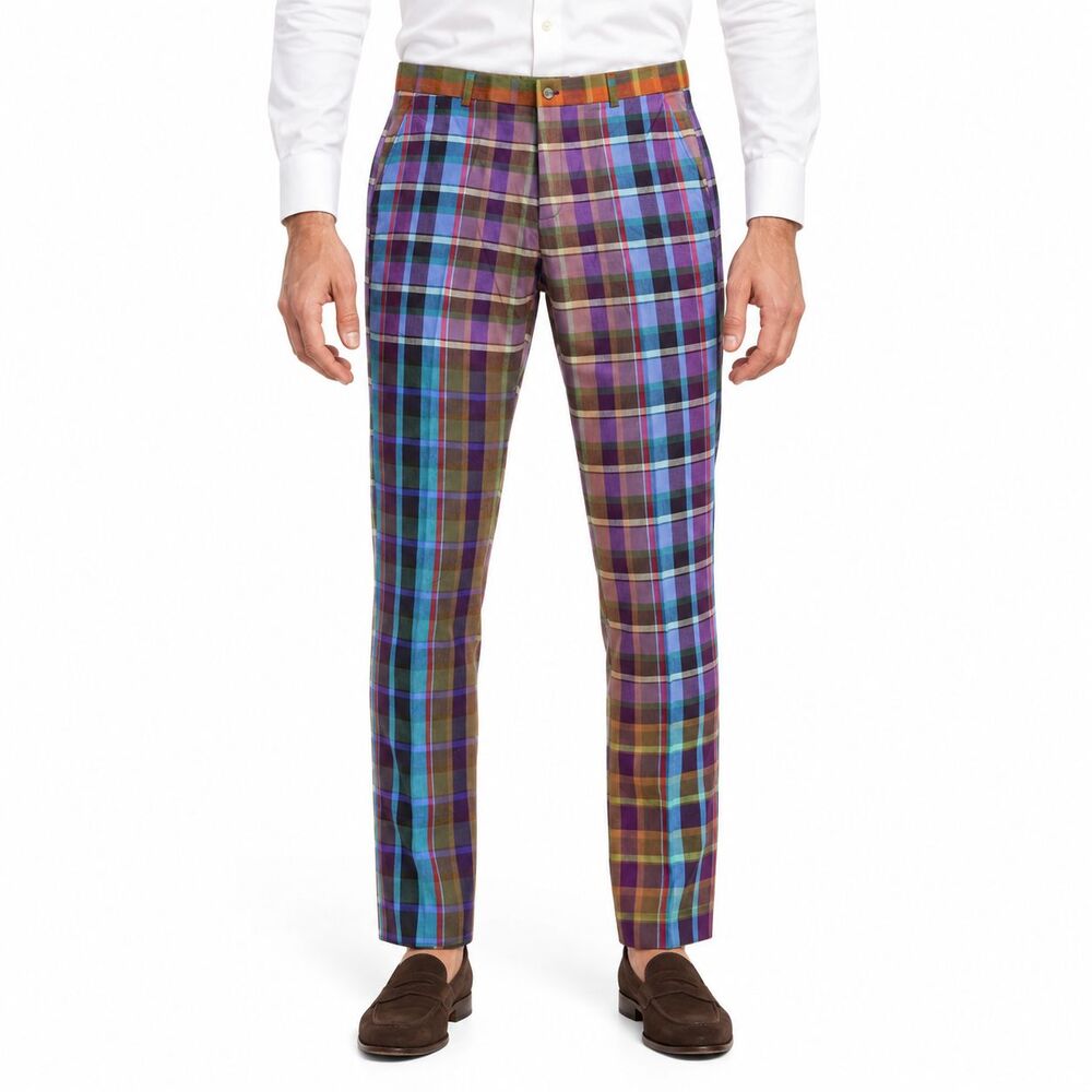 Mens 36 Blue Purple Multicolor Plaid Cotton Slim Fit Dress Pants Trousers NWT